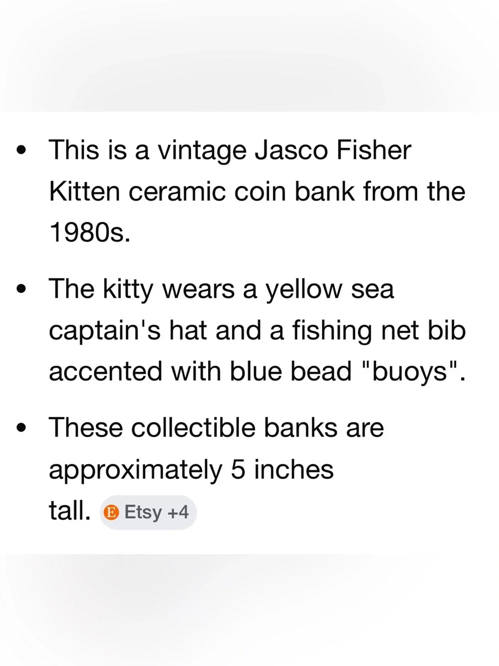 Vintage Jasco Fisher Kitten Ceramic coin bank Whimsical Cat Figurine Bank 1980 - Picture 5 of 5